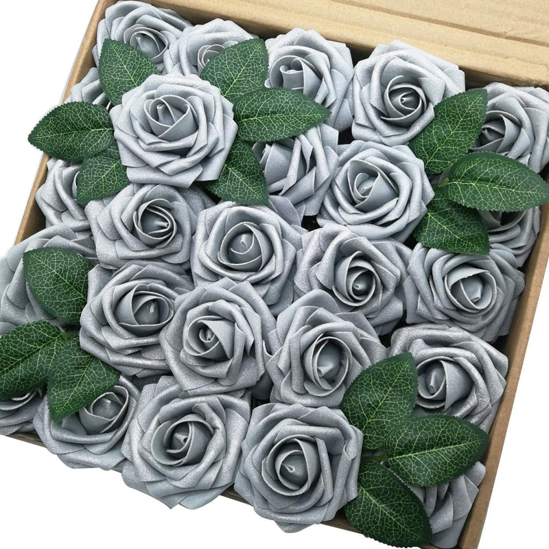 J-Rijzen Artificial Flowers 25PCS Real Looking White & Dusty Blue Shades Fake Roses with Stem for DIY Wedding Bouquets Centerpieces Baby Shower Party Home Decorations Home & Garden > Decor > Seasonal & Holiday Decorations J-Rijzen Silver Grey 3"/25pcs 