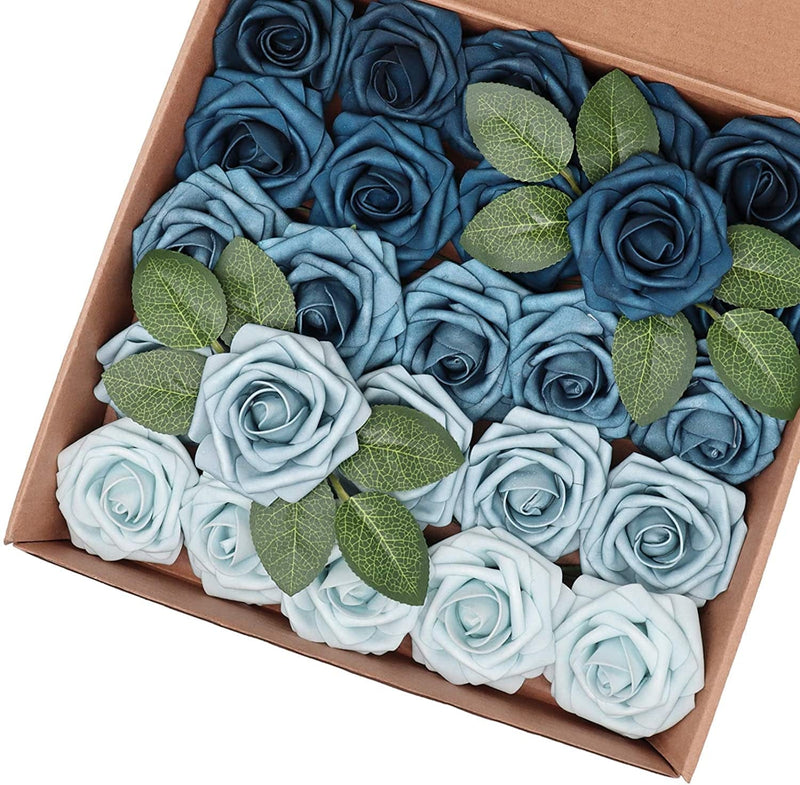 J-Rijzen Artificial Flowers 25PCS Real Looking White & Dusty Blue Shades Fake Roses with Stem for DIY Wedding Bouquets Centerpieces Baby Shower Party Home Decorations Home & Garden > Decor > Seasonal & Holiday Decorations J-Rijzen Shades of Blue 3"/25pcs 
