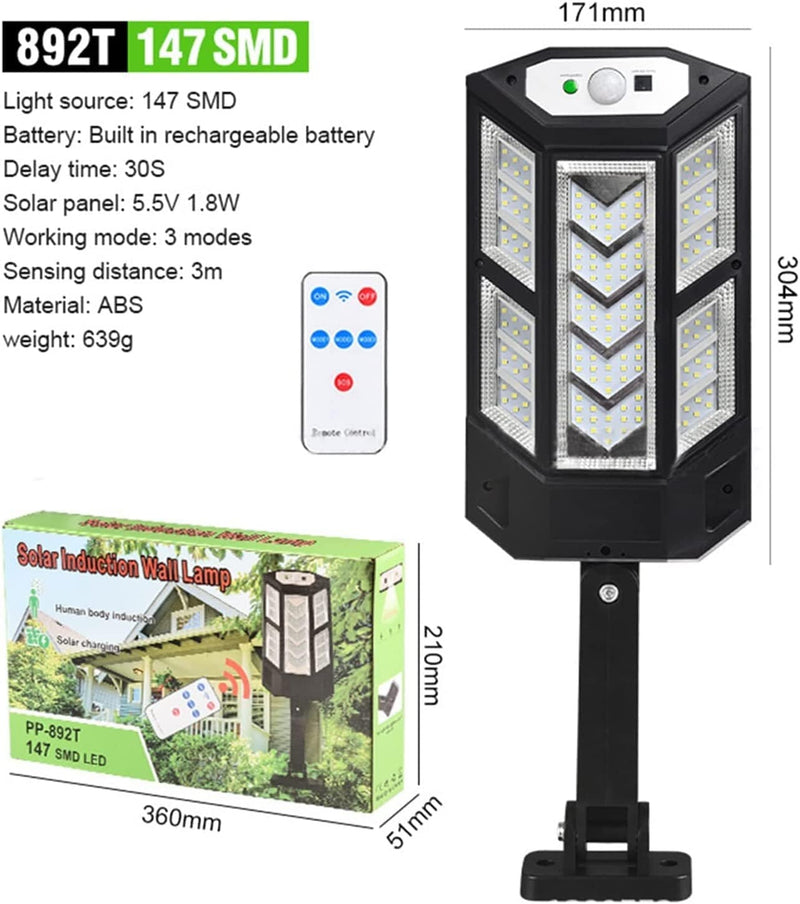 JEMITA Solar LED Street Lamp Outdoor Solar Lights 3 Lighting Modes Motion Sensor Wall Lamp Security Lighting for Home Garden Patio (Color : 147SMD) Home & Garden > Lighting > Lamps JEMITA   