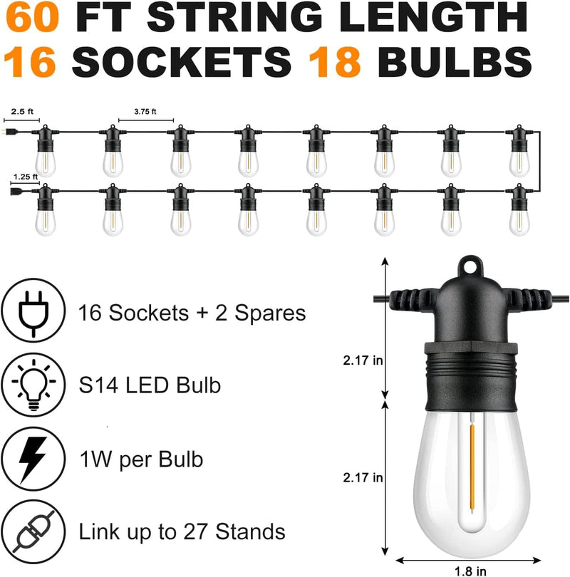 Jerritte S14 60 Ft LED Outdoor String Lights with Edison Vintage Shatterproof Bulbs, Commercial Grade Patio Lights IP65 Waterproof, Heavy Duty outside Hanging Lights for Balcony, Backyard, Yard