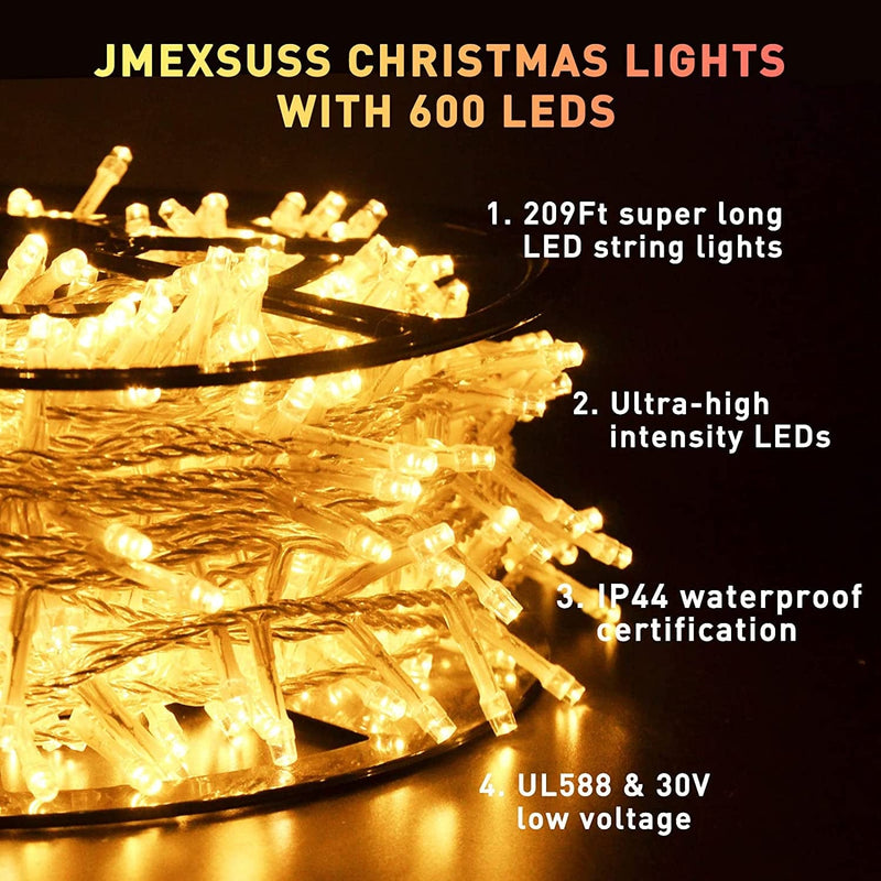 JMEXSUSS 168FT 600 LED Christmas Lights Outdoor Waterproof 8 Modes Indoor Christmas String Lights Warm White Christmas Tree Lights Plug in for Room Bedroom Wedding Party Holiday Decorations Home & Garden > Lighting > Light Ropes & Strings JMEXSUSS   