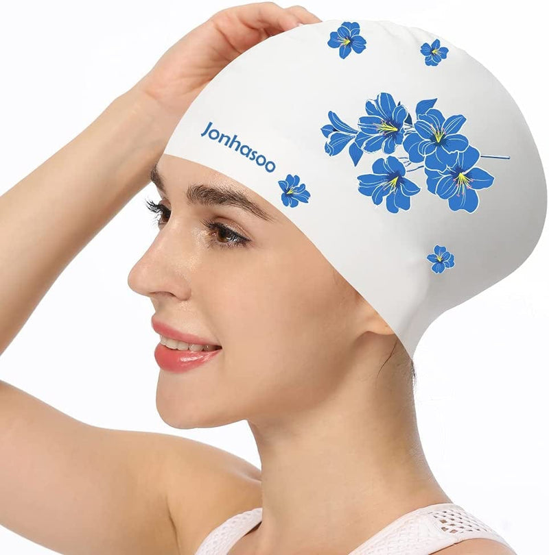 Jonhasoo Swim Cap for Braids and Dreadlocks,Comfortable Extra Large Swimming Cap for Women with Flower Printed Sporting Goods > Outdoor Recreation > Boating & Water Sports > Swimming > Swim Caps LEHE White  