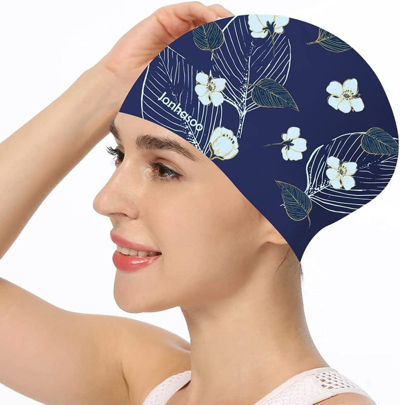Jonhasoo Swim Cap for Braids and Dreadlocks,Comfortable Extra Large Swimming Cap for Women with Flower Printed Sporting Goods > Outdoor Recreation > Boating & Water Sports > Swimming > Swim Caps LEHE Navy Flower  