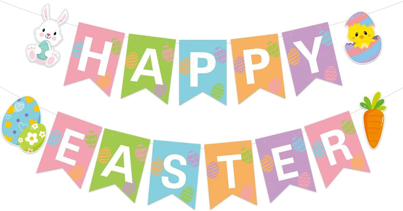 JOZON Happy Easter Banner Colorful Easter Bunting Banner Garland with Bunny Easter Eggs Chick Carrot Signs Spring Easter Party Decorations for Mantle Fireplace