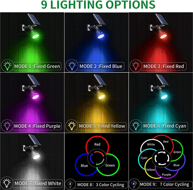 JSOT Solar Spot Lights Outdoor Waterproof Color Changing Spotlights, Solar Landscape Lighting with 9 Light Options Wall Lamp for Path Patio Yard Driveway Tree Flag Decoration 4 Pack