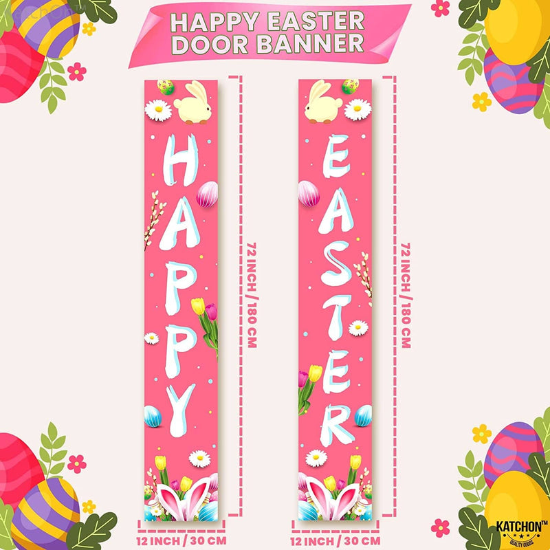 Katchon, Welcome Happy Easter Banner - 2 Pieces, 72X12 Inch | Large, Easter Banners for outside | Rabbit Spring Banner for Bunny Easter Decorations | Easter Door Banner for Easter Door Decorations