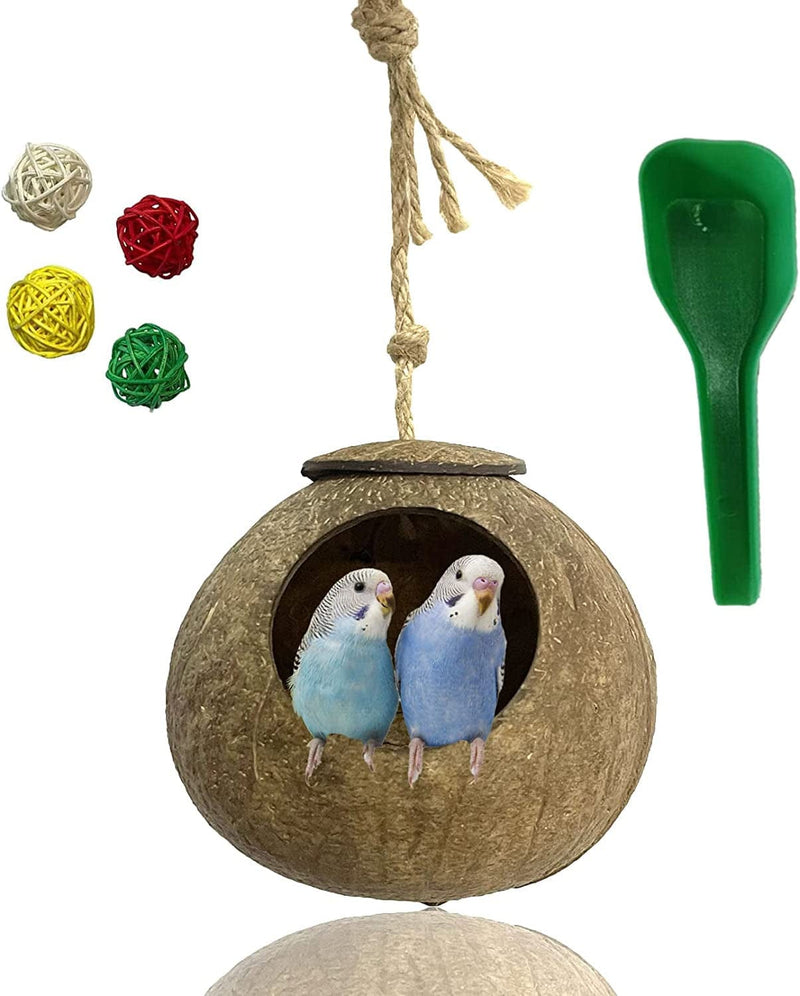 Kathson Natural Coconut Shell Bird Nest,Hanging Coco Birds House,Parrots Hide Hut Habitats Decor,Parrot Cage Accessories for Lovebirds Cockatiel Canary Budgies,Feeder Spoon,4 Toy Balls(6 Pcs) Animals & Pet Supplies > Pet Supplies > Bird Supplies > Bird Cages & Stands kathson   