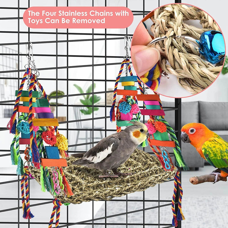 KATUMO Bird Toys, Bird Foraging Wall Toy, Edible Seagrass Woven Climbing Hammock Swing Mat with Colorful Chewing Toys, Suitable for Lovebirds, Finch, Parakeets, Budgerigars, Conure, Cockatiel Animals & Pet Supplies > Pet Supplies > Bird Supplies > Bird Cages & Stands KATUMO   