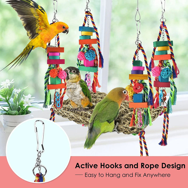 KATUMO Bird Toys, Bird Foraging Wall Toy, Edible Seagrass Woven Climbing Hammock Swing Mat with Colorful Chewing Toys, Suitable for Lovebirds, Finch, Parakeets, Budgerigars, Conure, Cockatiel Animals & Pet Supplies > Pet Supplies > Bird Supplies > Bird Cages & Stands KATUMO   