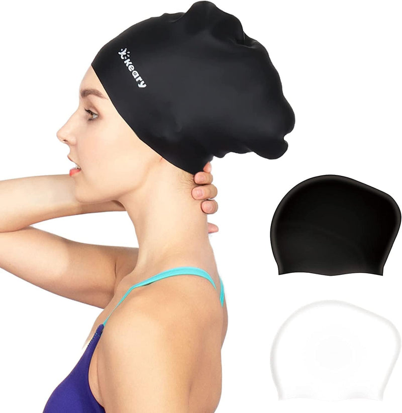 Keary 2 Pack Updated Silicone Swim Cap for Long Hair Women Girl Waterproof Bathing Pool Swimming Cap Cover Ears to Keep Your Hair Dry, 3D Soft Stretchable Durable and Anti-Slip, Easy to Put on and Off Sporting Goods > Outdoor Recreation > Boating & Water Sports > Swimming > Swim Caps Keary Black & White【M】  