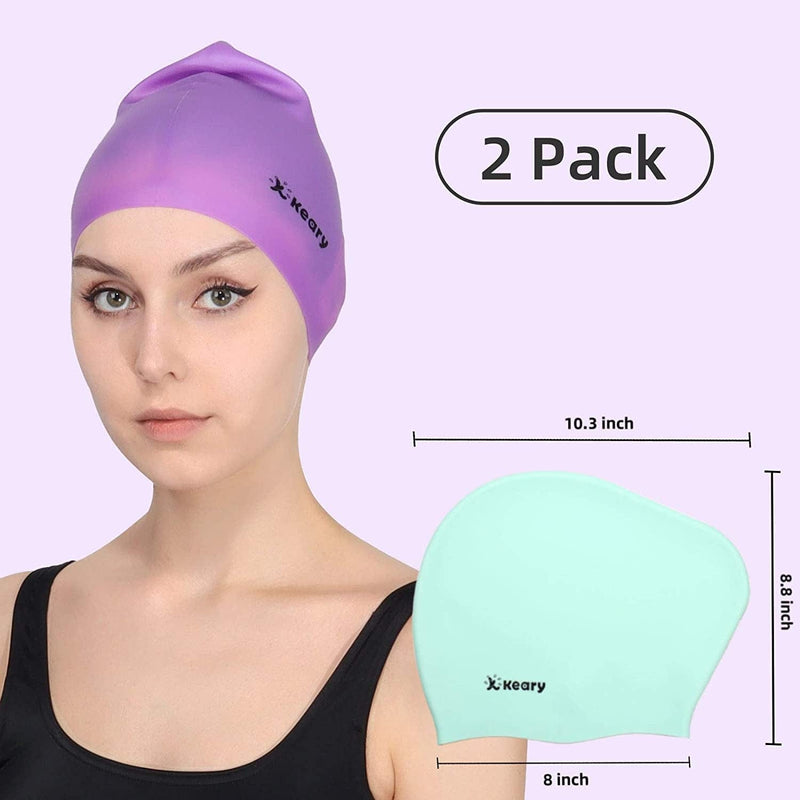 Keary 2 Pack Updated Silicone Swim Cap for Long Hair Women Girl Waterproof Bathing Pool Swimming Cap Cover Ears to Keep Your Hair Dry, 3D Soft Stretchable Durable and Anti-Slip, Easy to Put on and Off Sporting Goods > Outdoor Recreation > Boating & Water Sports > Swimming > Swim Caps Keary   