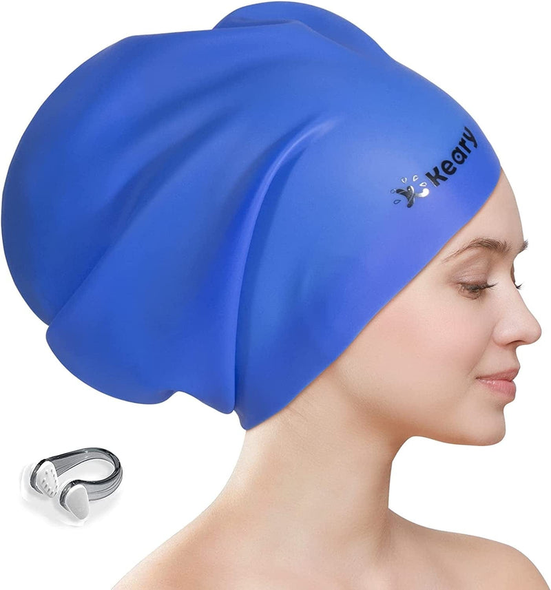 Keary Extra Large Swim Cap for Braids and Dreadlocks Extensions Weaves Long Hair, Waterproof Silicone Cover Ear Bath Pool Shower Swimming Cap for Adult Youth to Keep Hair Dry, Easy to Put on and Off Sporting Goods > Outdoor Recreation > Boating & Water Sports > Swimming > Swim Caps Keary Blue  