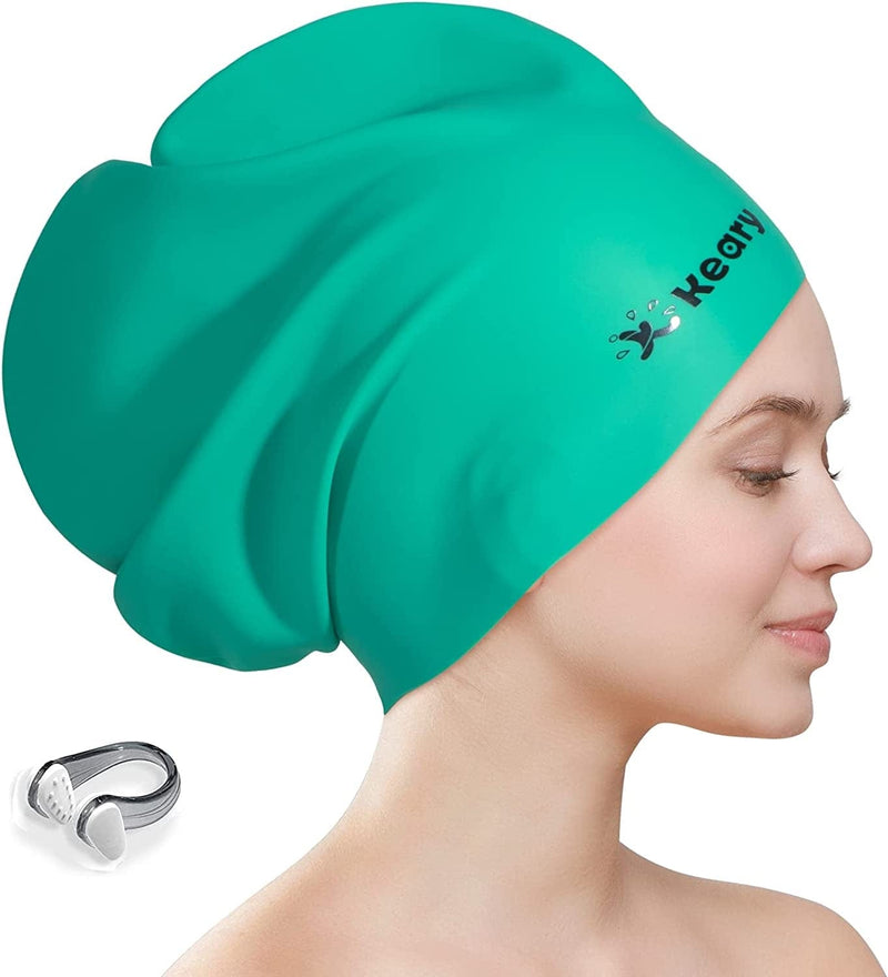 Keary Extra Large Swim Cap for Braids and Dreadlocks Extensions Weaves Long Hair, Waterproof Silicone Cover Ear Bath Pool Shower Swimming Cap for Adult Youth to Keep Hair Dry, Easy to Put on and Off Sporting Goods > Outdoor Recreation > Boating & Water Sports > Swimming > Swim Caps Keary Green  