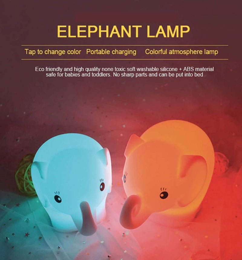 Kids Elephant Night Light, Huggable Nursery Light, Silicone LED Lamp, Remote Operated, USB Rechargeable Battery, 9 Available Colors, Timer Auto Shutoff