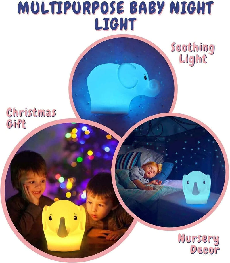 Kids Elephant Night Light, Huggable Nursery Light, Silicone LED Lamp, Remote Operated, USB Rechargeable Battery, 9 Available Colors, Timer Auto Shutoff