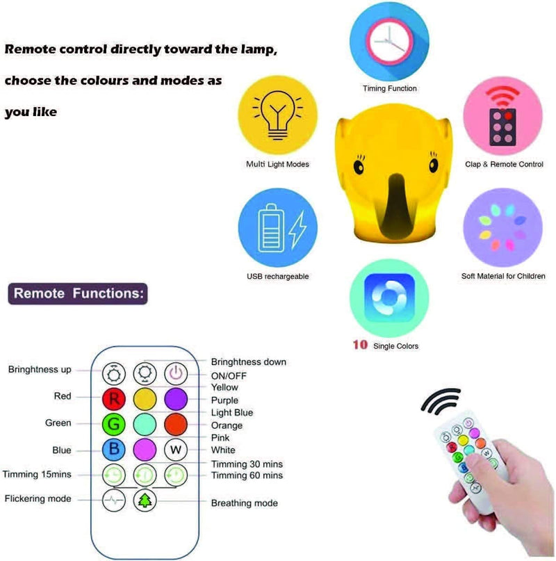Kids Elephant Night Light, Huggable Nursery Light, Silicone LED Lamp, Remote Operated, USB Rechargeable Battery, 9 Available Colors, Timer Auto Shutoff Home & Garden > Lighting > Night Lights & Ambient Lighting NIGHTIE LIGHTIE   