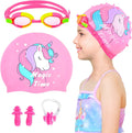 Kids Swim Caps for Girls (Age 2-6), Durable Waterproof Silicone Swimming Cap for Short Hair with Swimming Goggles, Ear Plug and Nose Clip Sporting Goods > Outdoor Recreation > Boating & Water Sports > Swimming > Swim Caps PAMAID Pink Small 