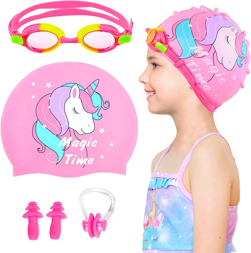 Kids Swim Caps for Girls (Age 2-6), Durable Waterproof Silicone Swimming Cap for Short Hair with Swimming Goggles, Ear Plug and Nose Clip Sporting Goods > Outdoor Recreation > Boating & Water Sports > Swimming > Swim Caps PAMAID Pink Small 
