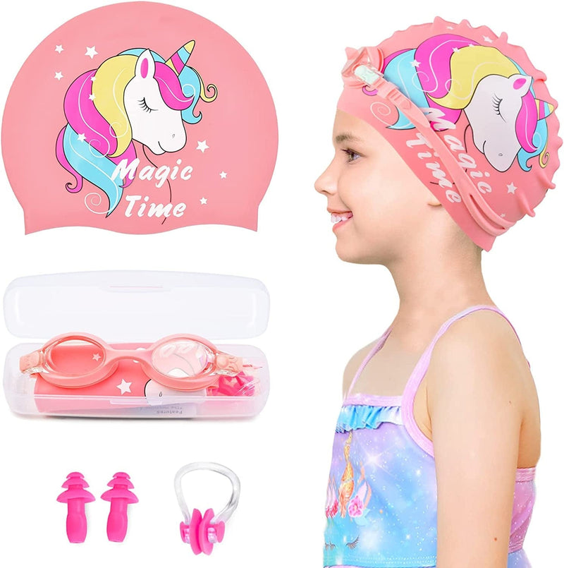 Kids Swim Caps for Girls (Age 2-6), Durable Waterproof Silicone Swimming Cap for Short Hair with Swimming Goggles, Ear Plug and Nose Clip Sporting Goods > Outdoor Recreation > Boating & Water Sports > Swimming > Swim Caps PAMAID Light Pink Small 