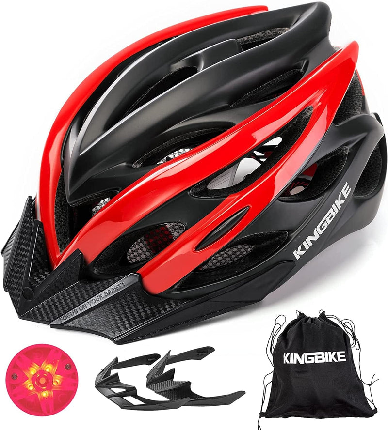 KINGBIKE Light Comfortable Adults Youth Bike Helmet with LED Safety Rear Light+ Detachable Visor, Helmet Storage Backpack for Children Men Women Youth Sporting Goods > Outdoor Recreation > Cycling > Cycling Apparel & Accessories > Bicycle Helmets KINGBIKE Black&Red M(54-59CM) 