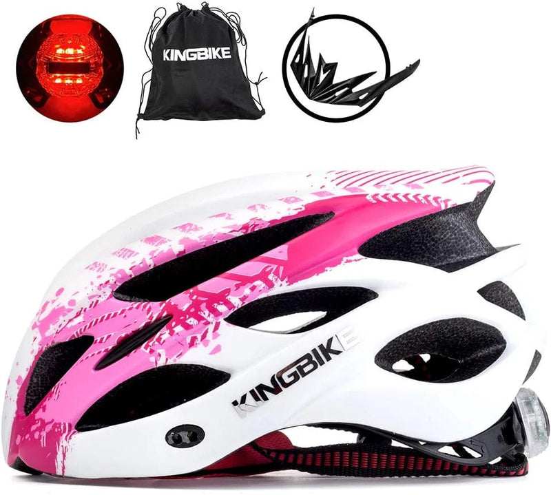 KINGBIKE Light Comfortable Adults Youth Bike Helmet with LED Safety Rear Light+ Detachable Visor, Helmet Storage Backpack for Children Men Women Youth Sporting Goods > Outdoor Recreation > Cycling > Cycling Apparel & Accessories > Bicycle Helmets KINGBIKE White&Pink M(54-59CM) 