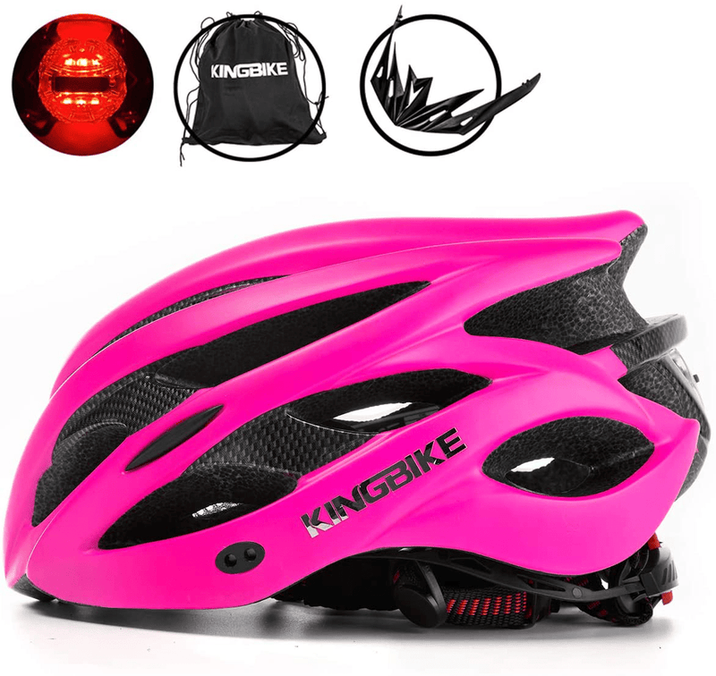 KINGBIKE Ultralight Bike Helmets with Rear Light + Portable Simple Backpack + Two Detachable Visor for Men Women(M/L,L/XL) Sporting Goods > Outdoor Recreation > Cycling > Cycling Apparel & Accessories > Bicycle Helmets KINGBIKE rose red M/L(54-59CM) 