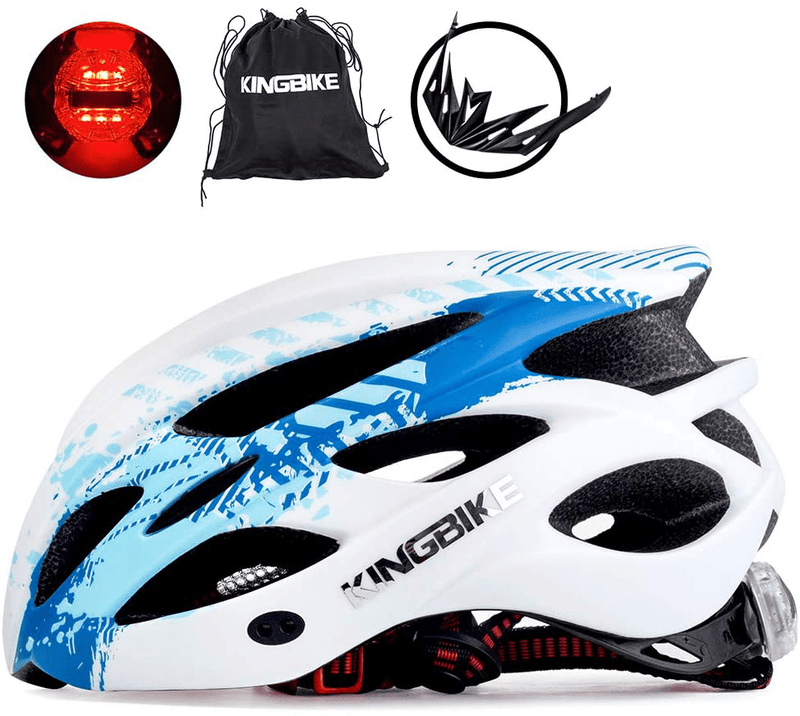 KINGBIKE Ultralight Bike Helmets with Rear Light + Portable Simple Backpack + Two Detachable Visor for Men Women(M/L,L/XL) Sporting Goods > Outdoor Recreation > Cycling > Cycling Apparel & Accessories > Bicycle Helmets KINGBIKE White&Blue M/L(54-59CM) 