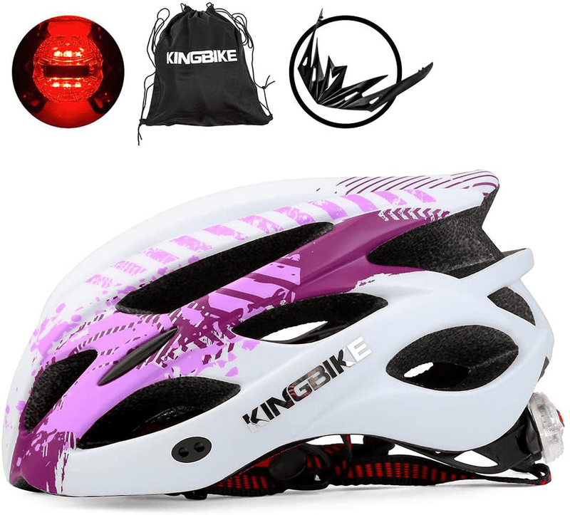 KINGBIKE Ultralight Bike Helmets with Rear Light + Portable Simple Backpack + Two Detachable Visor for Men Women(M/L,L/XL) Sporting Goods > Outdoor Recreation > Cycling > Cycling Apparel & Accessories > Bicycle Helmets KINGBIKE White&Purple M/L(54-59CM) 