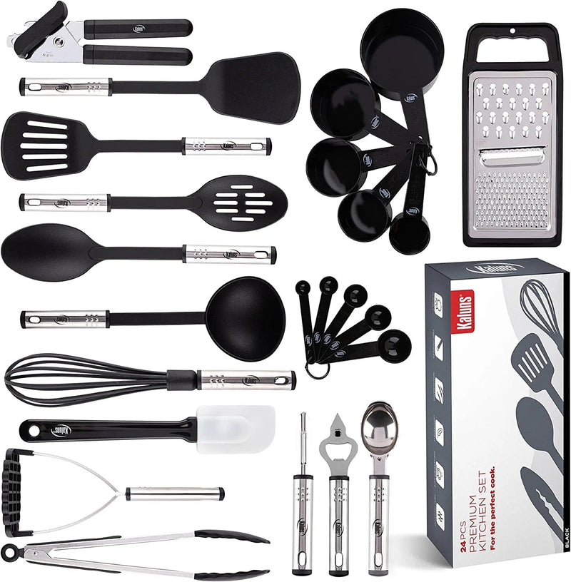 Kitchen Utensils Set, Cooking Utensils Set, Non Stick and Heat Resistant Kitchen Gadgets, 24 Pcs Nylon and Stainless Steel Kitchen Utensil Set New Home Essentials, Pots and Pans Kitchen Accessories Animals & Pet Supplies > Pet Supplies > Bird Supplies > Bird Cages & Stands Kaluns Black  