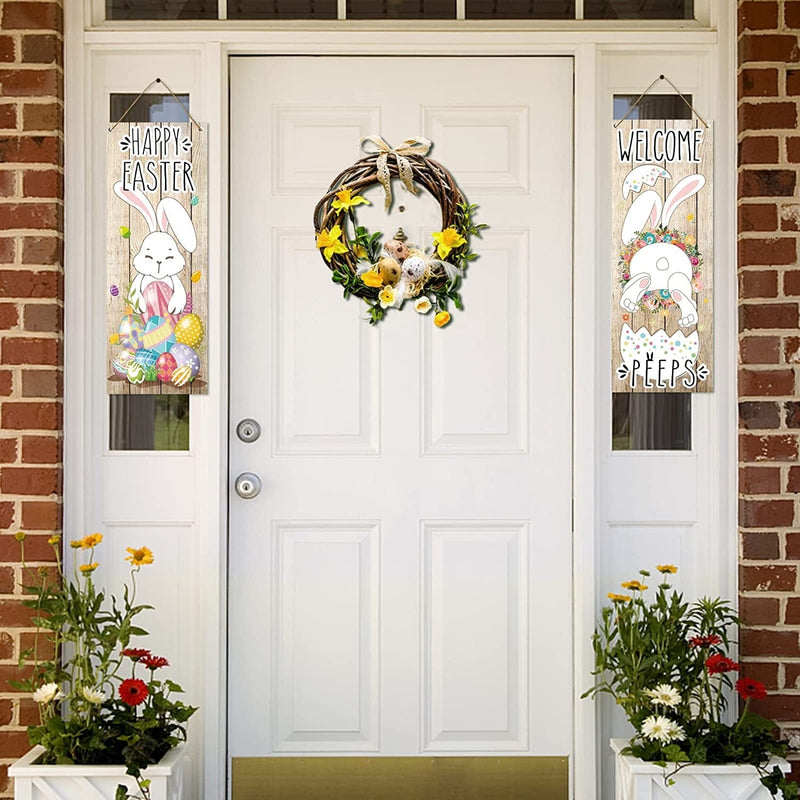 Kockuu Spring Easter Decorations Outdoor Door Sign- Happy Easter and Welcome Spring Double Wooden Sign Easter Door Hanger for Home Indoor Outdoor Farmhouse Decorations Home & Garden > Decor > Seasonal & Holiday Decorations kockuu   