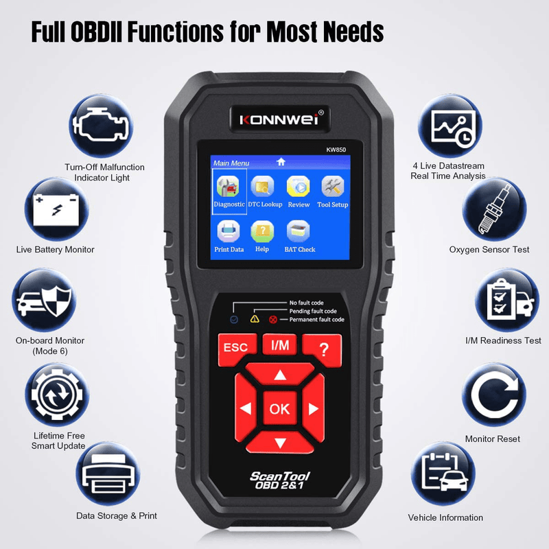 KONNWEI OBD2 Scanner Professional Car OBD II Scanner Auto Diagnostic Fault Code Reader Automotive Check Engine Light Diagnostic EOBD Scan Tool for All OBDII Protocol Cars Since 1996 (Enhanced KW850) Vehicles & Parts > Vehicle Parts & Accessories > Vehicle Maintenance, Care & Decor > Vehicle Repair & Specialty Tools > Vehicle Diagnostic Scanners KONNWEI   