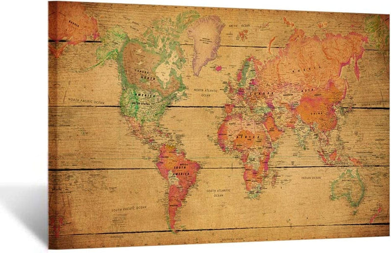 Kreative Arts Large Size Vintage Brown World Map Wall Art Framed Art Print Picture Wall Decor Home Interior - Map Picture for Office Wall Decor 48X32Inch (Stretched Canvas) Home & Garden > Decor > Artwork > Posters, Prints, & Visual Artwork Creative Arts Inc   