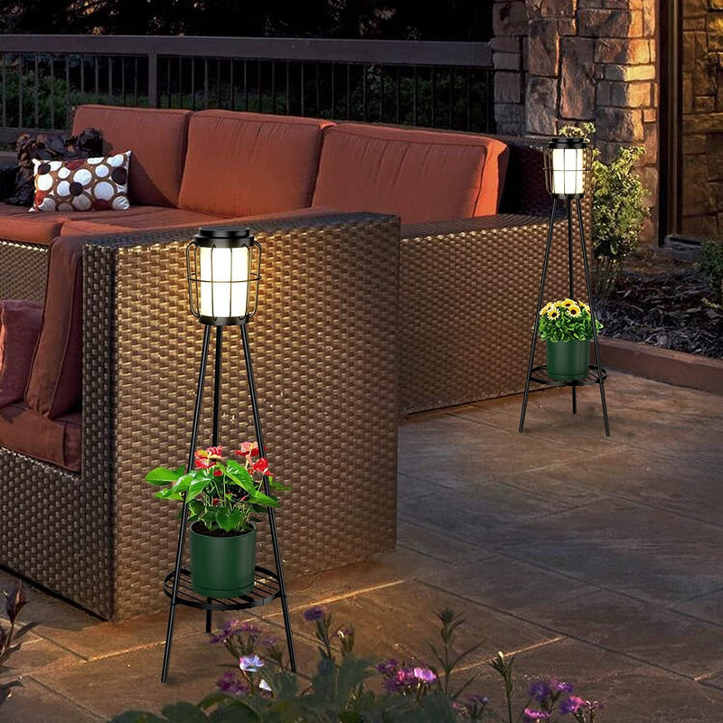 Kukuzon Solar Outdoor Floor Lamp Waterproof (2Pcs), Metal Solar Lights Outdoor with Plant Stand, Outdoor Lamp for Deck Patio Yard Porch Walkway Garden Christmas Decor