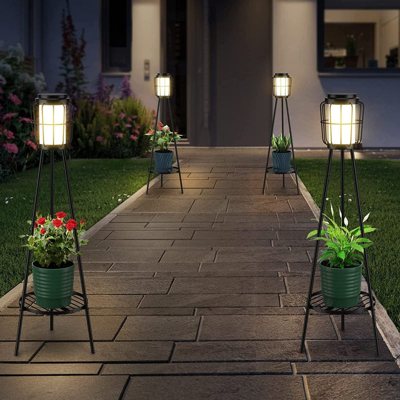 Kukuzon Solar Outdoor Floor Lamp Waterproof (2Pcs), Metal Solar Lights Outdoor with Plant Stand, Outdoor Lamp for Deck Patio Yard Porch Walkway Garden Christmas Decor