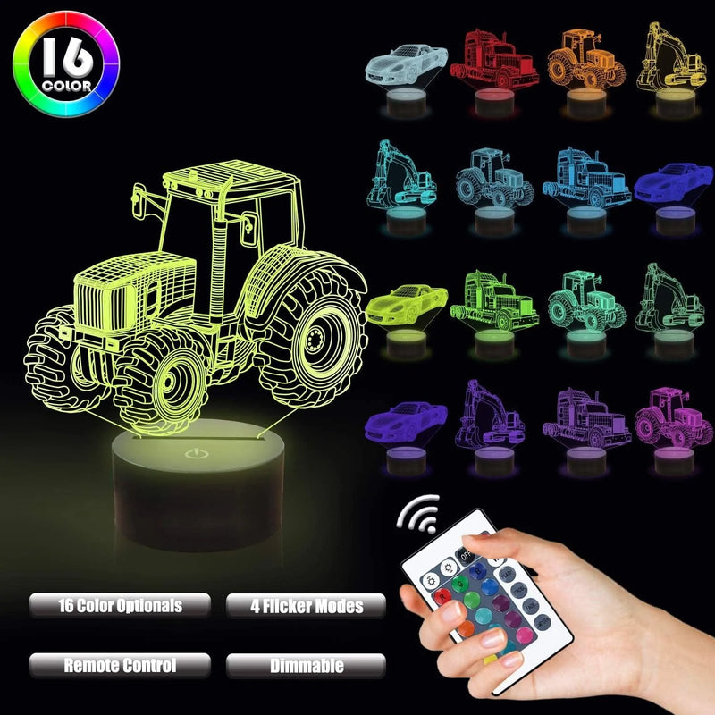 Lampeez 3D Car Lamp Night Light 3D Illusion Lamp for Kids,Car,Truck,Tractor,Excavator,16 Colors Changing with Remote,Dimmable(4 Patterns) Kids Bedroom Decor Car Gifts for Boys Girls