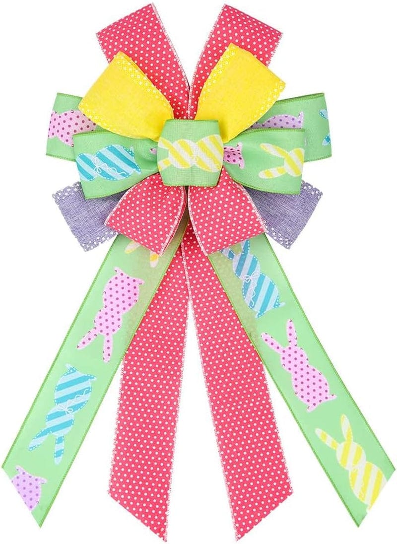 LANGFON Easter Wreath Bows, Purple White Easter Rabbits Pattern Spots Burlap Bows for Wreaths - Easter Burlap Tree Topper Bows for Holiday Front Door Wreath Decorations Indoor Outdoor