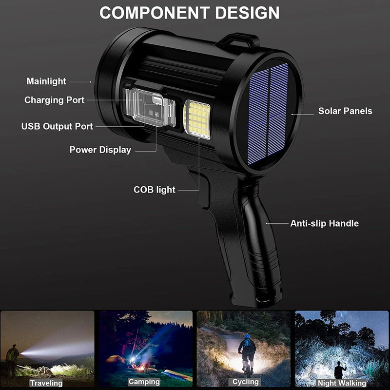 LBE Rechargeable Spotlight, 90000 Lumens Solar Flashlight Led Spot Light Outdoor Handheld with Cob Light, 9600Mah 4 Color 6 Modes Portable Spotlight Flashlight for Hunting Boating Marine