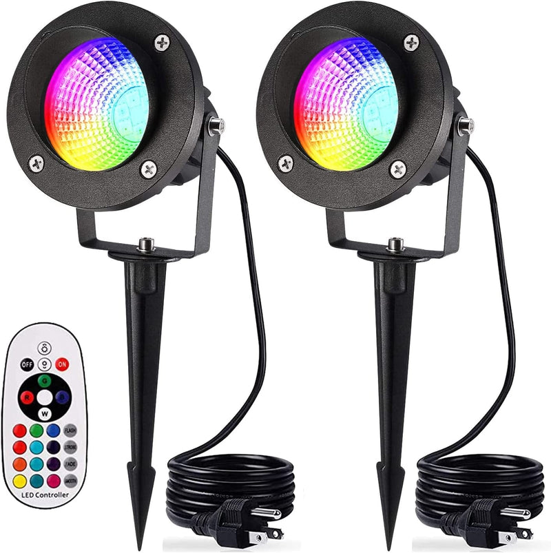 LCARED Landscape Lights with Remote Control, 120V Lighting 18W RGBW Outdoor LED Spotlights Color Changing RGB Flood Spot for Yard Garden Path Patio Tree Decorative (2 Pack), Black