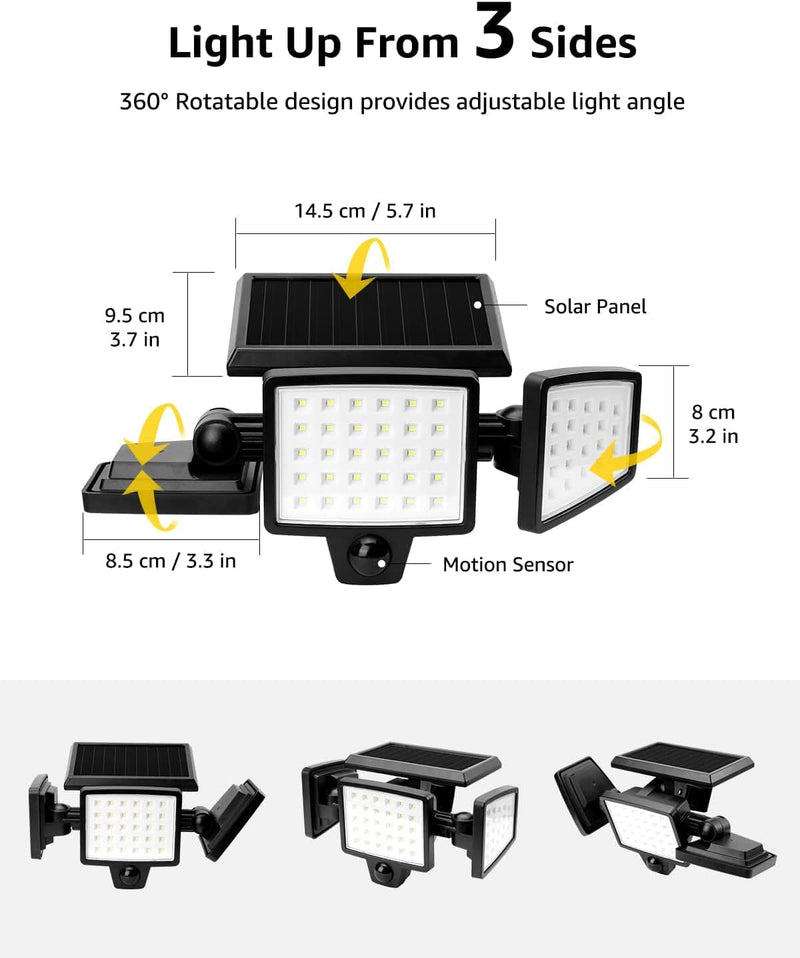 LE Solar Flood Lights Outdoor, Motion Activated Security Lights, WL4000 High Brightness, 3 Adjustable Heads 270° Wide Lighting Angle, IP65 Waterproof, Wireless Wall Lamp for Porch Yard Garage, 2 Packs