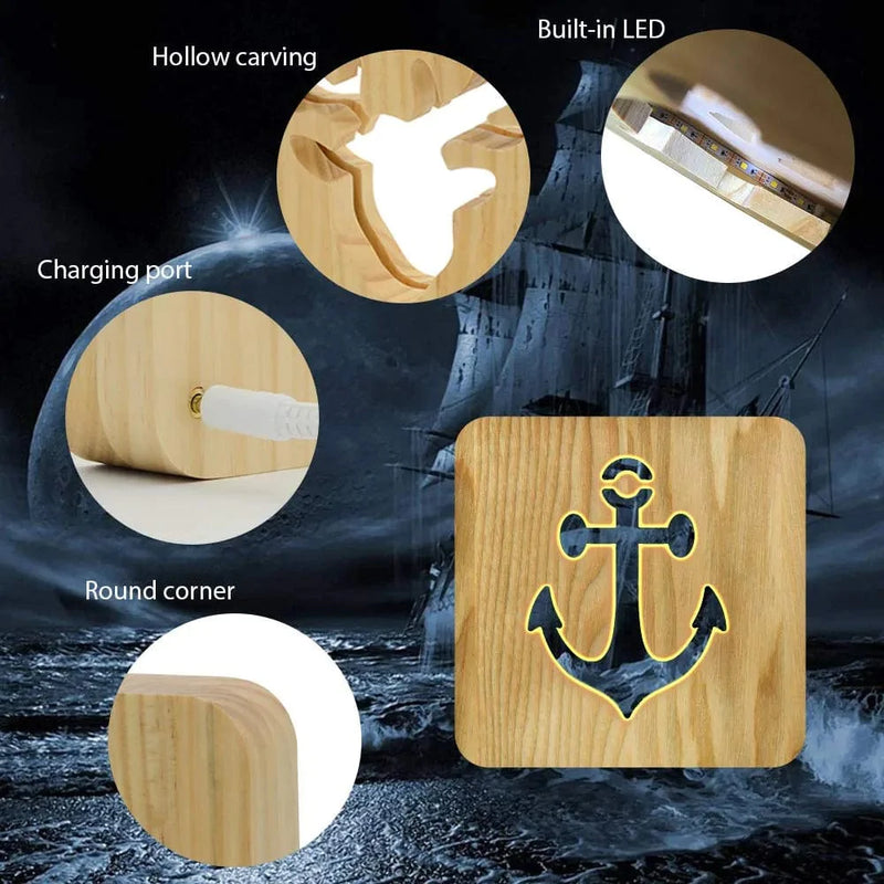 LECO TECH Sailing Boat Anchor Wooden Carving Night Light Warm White LED Bedside Table Lamp for Home Room Party Decoration, Creative Nautical Gifts for Men Women Friends Ocean Lovers Home & Garden > Lighting > Night Lights & Ambient Lighting LECO TECH   