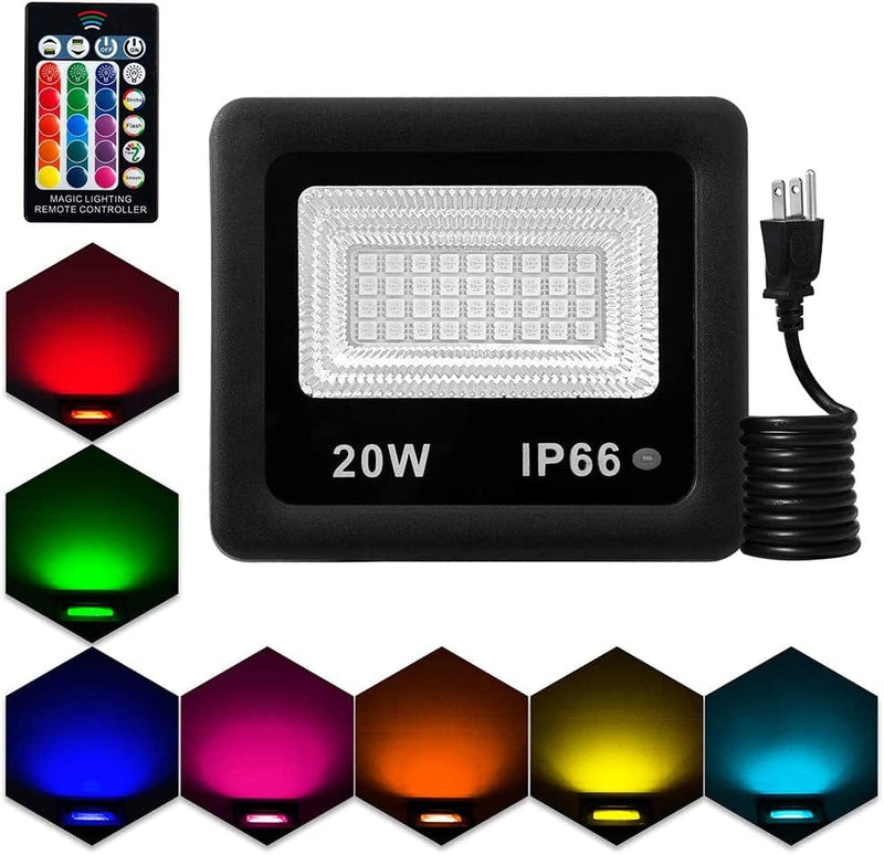 LED Flood Lights,20W RGB Floodlight with Remote Control,Ip66 Waterproof Dimmable Color Changing Spotlight,16 Colors 4 Modes Stage Lights for Outdoor Decorative Garden Stage Landscape Lighting