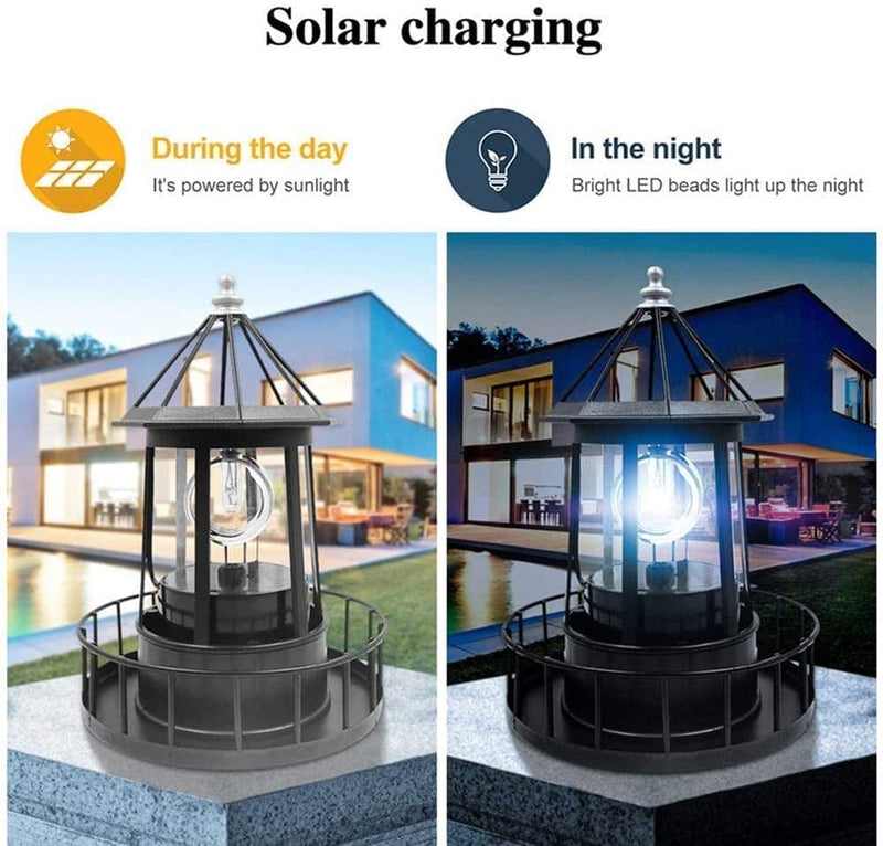 LED Solar Light Powered Rotating Lighthouse Beacon Lamp, Outdoor Courtyard Waterproof Solar Hanging Lamp, Lawn Lantern, for Patio Fence Garden Decoration Outdoor Lighting Home Decor (Black) Home & Garden > Lighting > Lamps Municipal   