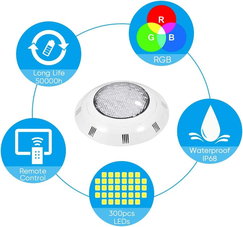 LED Underwater Light, Waterproof IP68 Submersible Pond Lights with 300-LED Bulbs, 30W Multi-Color RGB Light with Remote Control for Swimming Pool Aquarium Garden Pond Pool Tank Fountain Waterfall Home & Garden > Pool & Spa > Pool & Spa Accessories eecoo   