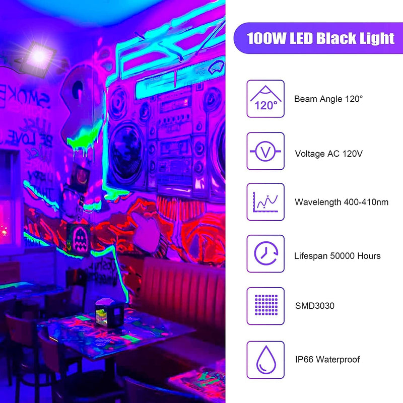 LED UV Black Light 100W LED Blacklight with Plug (10Ft Power Cord) IP66 Ultraviolet Floodlight with Glow Tape Stage Lighting for Halloween Grow Party, Glow in the Dark, DJ Disco, Fluorescent Poster1 Home & Garden > Lighting > Flood & Spot Lights KUKUPPO   