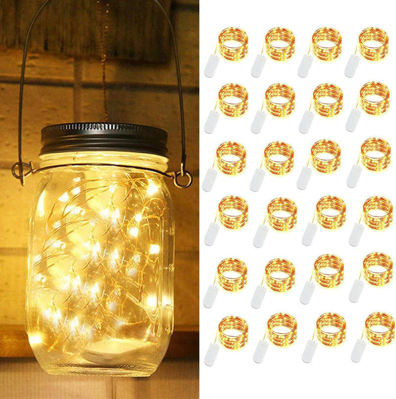 LEDIKON 24 Pack LED Fairy Lights Battery Operated,7.2Ft 20 LED Copper Wire Warm White Firefly Mason Jar Lights,Waterproof LED Mini String Lights for Mason Jars Crafts Party Wedding Décor