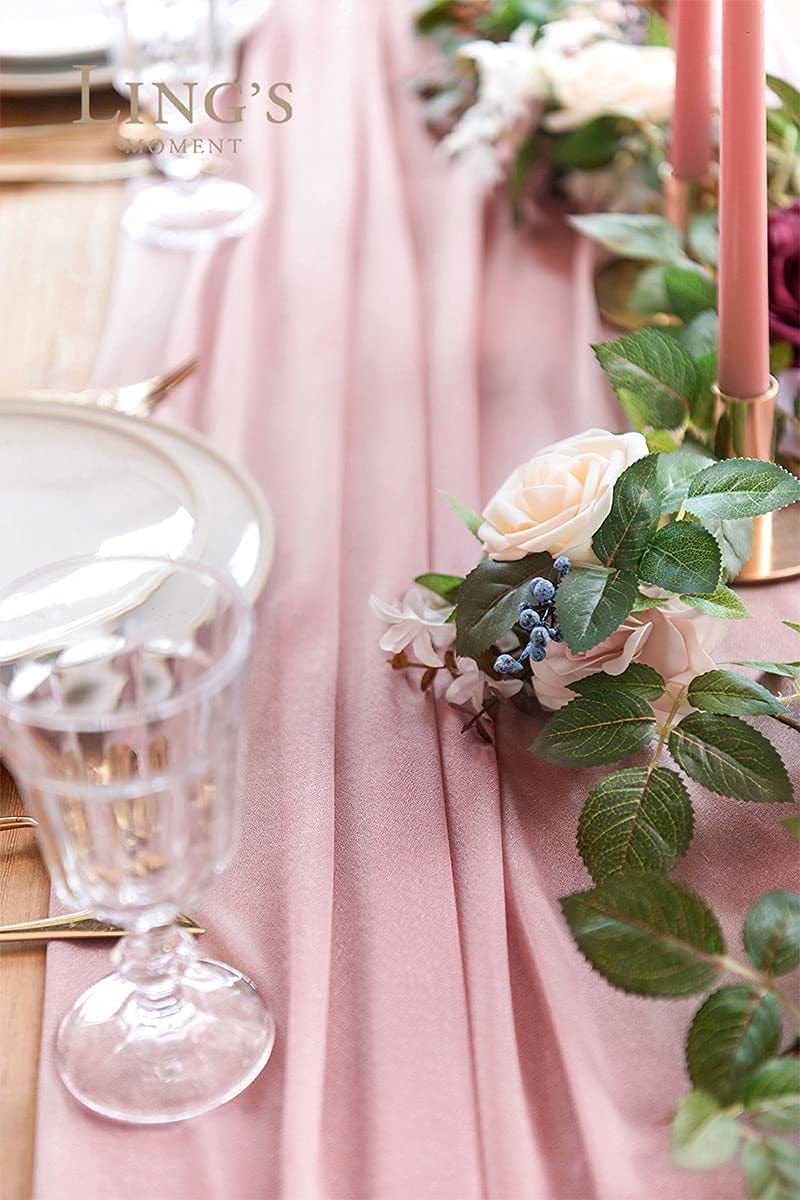 Ling'S Moment 14Ft Dusty Rose Sheer Chiffon like Table Runner for Wedding Reception Rustic Boho Wedding Party Bridal Shower Table Setting Decorations