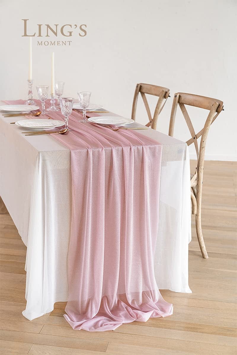 Ling'S Moment 14Ft Dusty Rose Sheer Chiffon like Table Runner for Wedding Reception Rustic Boho Wedding Party Bridal Shower Table Setting Decorations