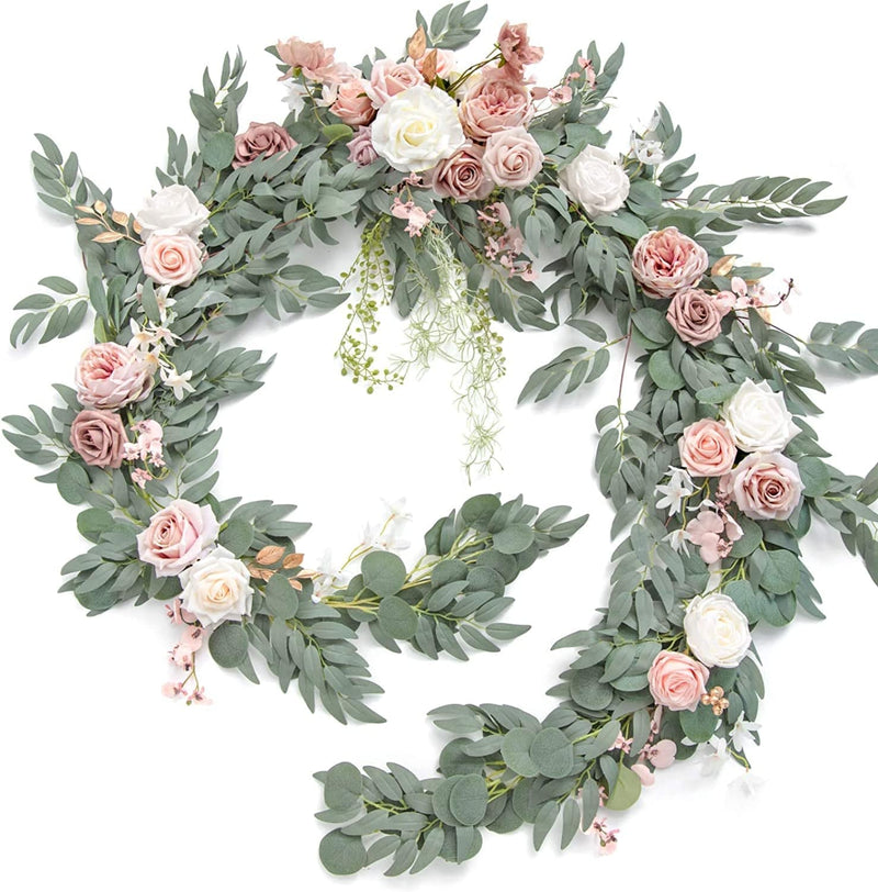 Ling'S Moment 9FT Eucalyptus and Willow Leaf Garland with White Flower, Handcrafted Wedding Sweetheart Table Centerpieces Head Table Decor Arch Backdrop Decorations for Wedding | Terracotta Home & Garden > Decor > Seasonal & Holiday Decorations Ling's moment Dusty Rose  