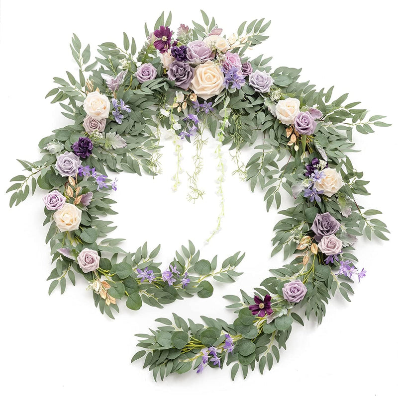 Ling'S Moment 9FT Eucalyptus and Willow Leaf Garland with White Flower, Handcrafted Wedding Sweetheart Table Centerpieces Head Table Decor Arch Backdrop Decorations for Wedding | Terracotta Home & Garden > Decor > Seasonal & Holiday Decorations Ling's moment Lilac  