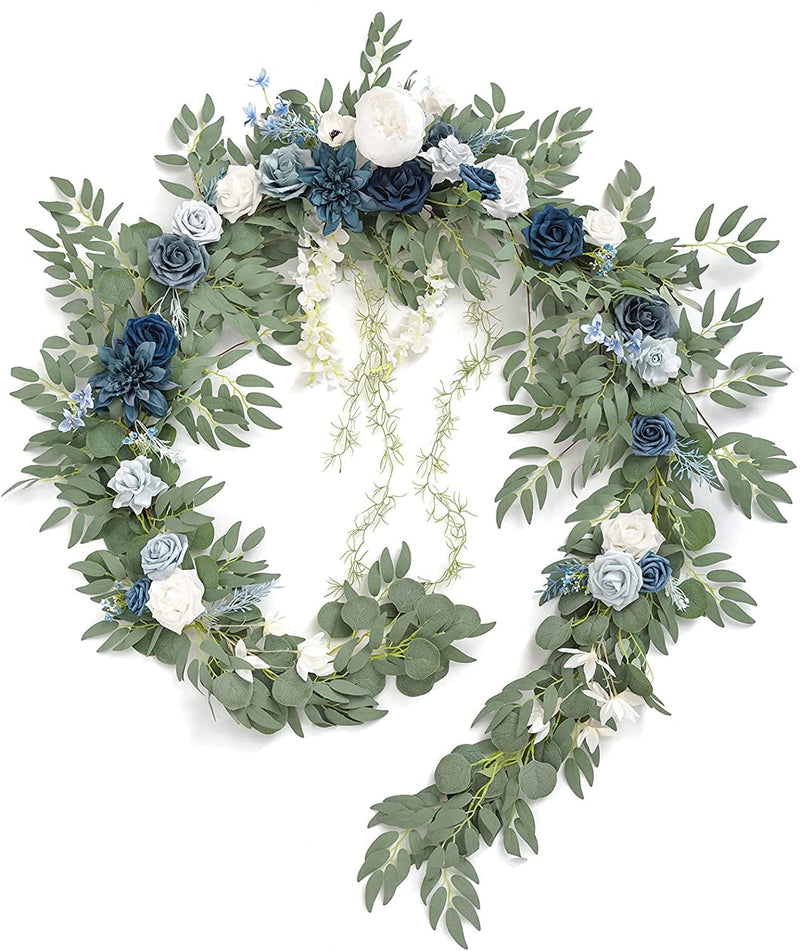 Ling'S Moment 9FT Eucalyptus and Willow Leaf Garland with White Flower, Handcrafted Wedding Sweetheart Table Centerpieces Head Table Decor Arch Backdrop Decorations for Wedding | Terracotta Home & Garden > Decor > Seasonal & Holiday Decorations Ling's moment Dusty Blue  